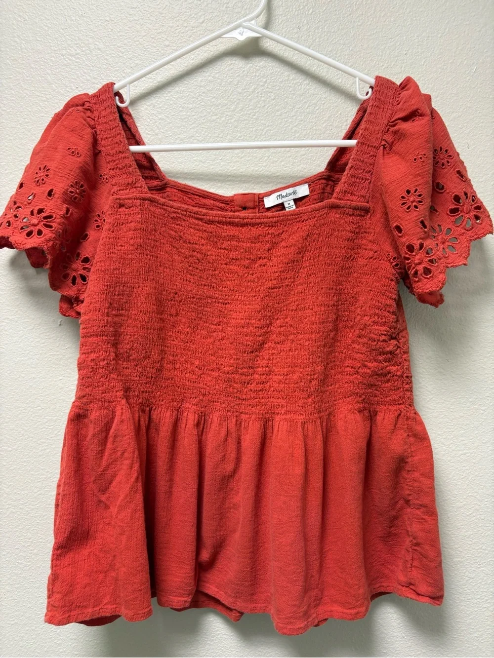 Madewell Women’s M Red Eyelet Square Neck Puff Sleeve Button Front Top Smock